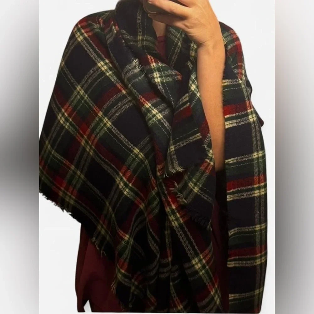 Navy blue and red plaid blanket scarf
